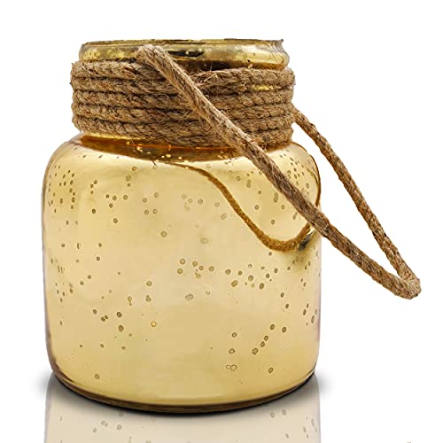 A stylish glass jar in gold with a rope handle, a chic addition to your home decor.