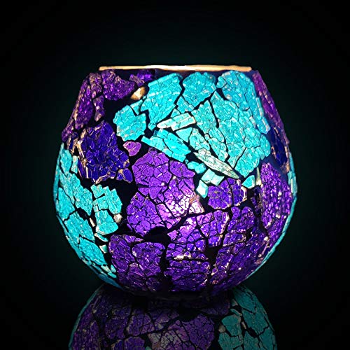 Stylish purple and blue glass tealight candle for home decor.