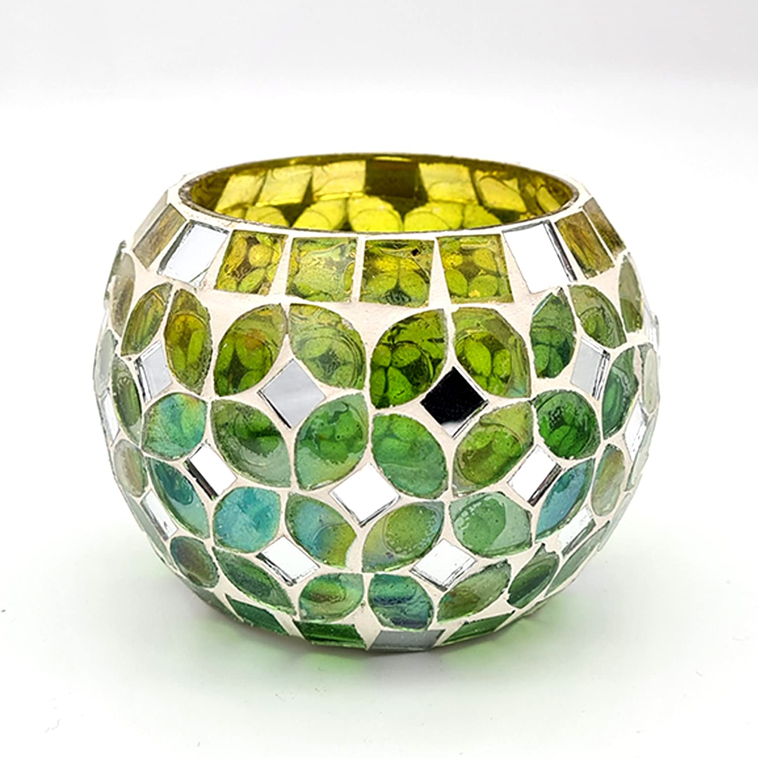 Green and white glass vase with mosaic design, perfect for adding a touch of elegance to any room.