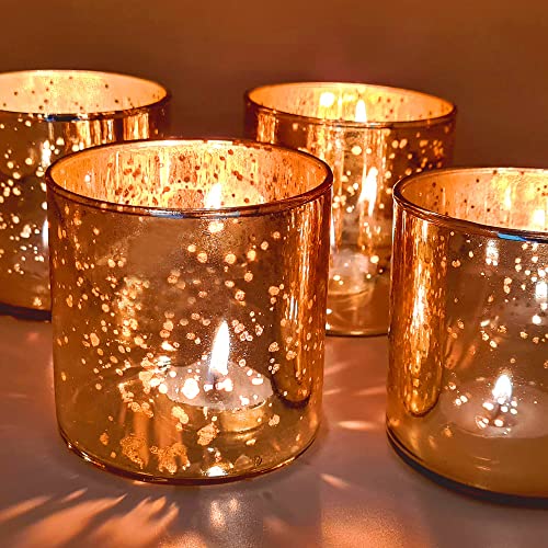  Set of four gold glass votive candles featuring a stylish gold rim, adding a touch of sophistication to your decor.