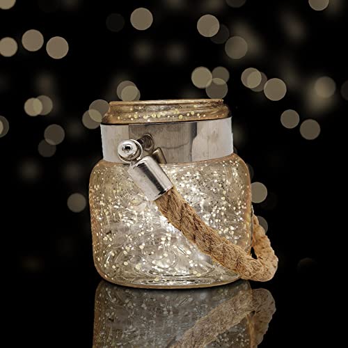  Stylish silver glass jar with convenient rope handle, ideal for kitchen or bathroom storage.