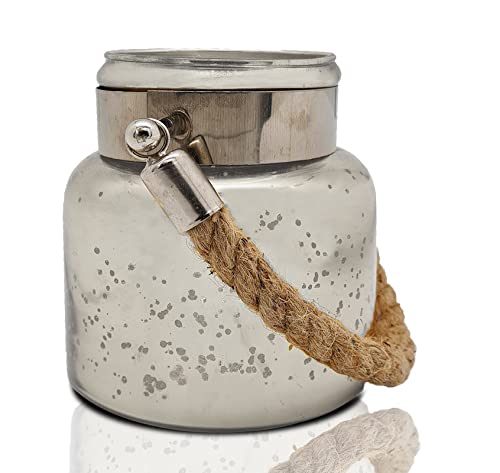 Decorative silver glass jar featuring a rustic rope handle, great for organizing small items.