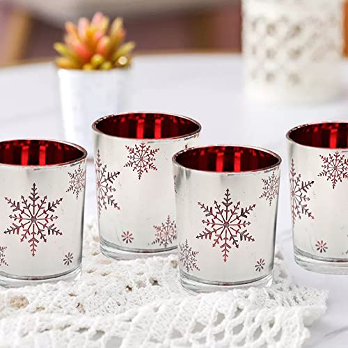 Silver and red snowflakes decorate the cups' interiors.