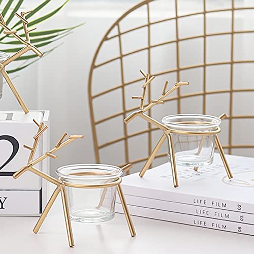 Elegant gold reindeer candle holder with a lit candle, a stylish addition to your seasonal decorations.