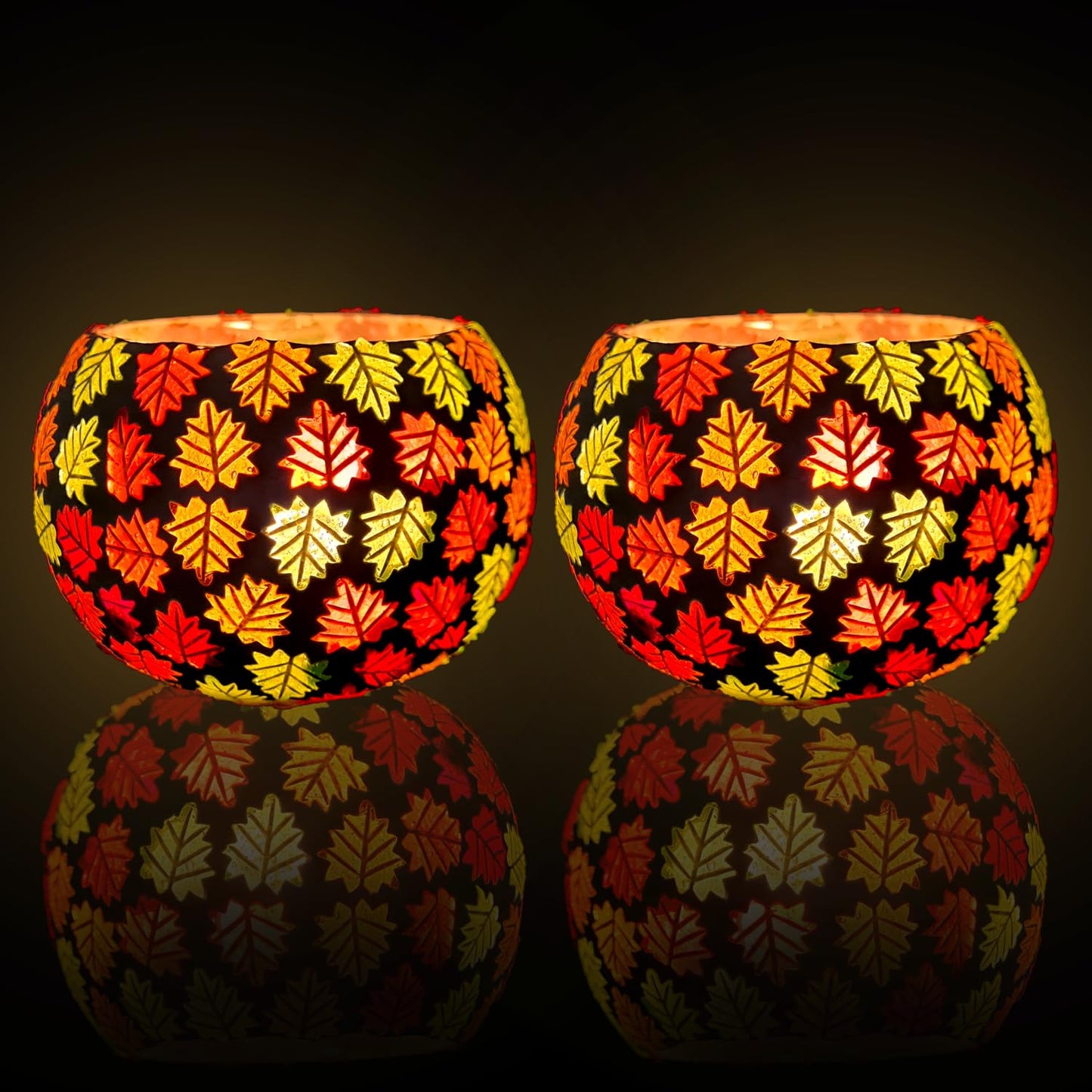 Bright lanterns with leaf embellishments.