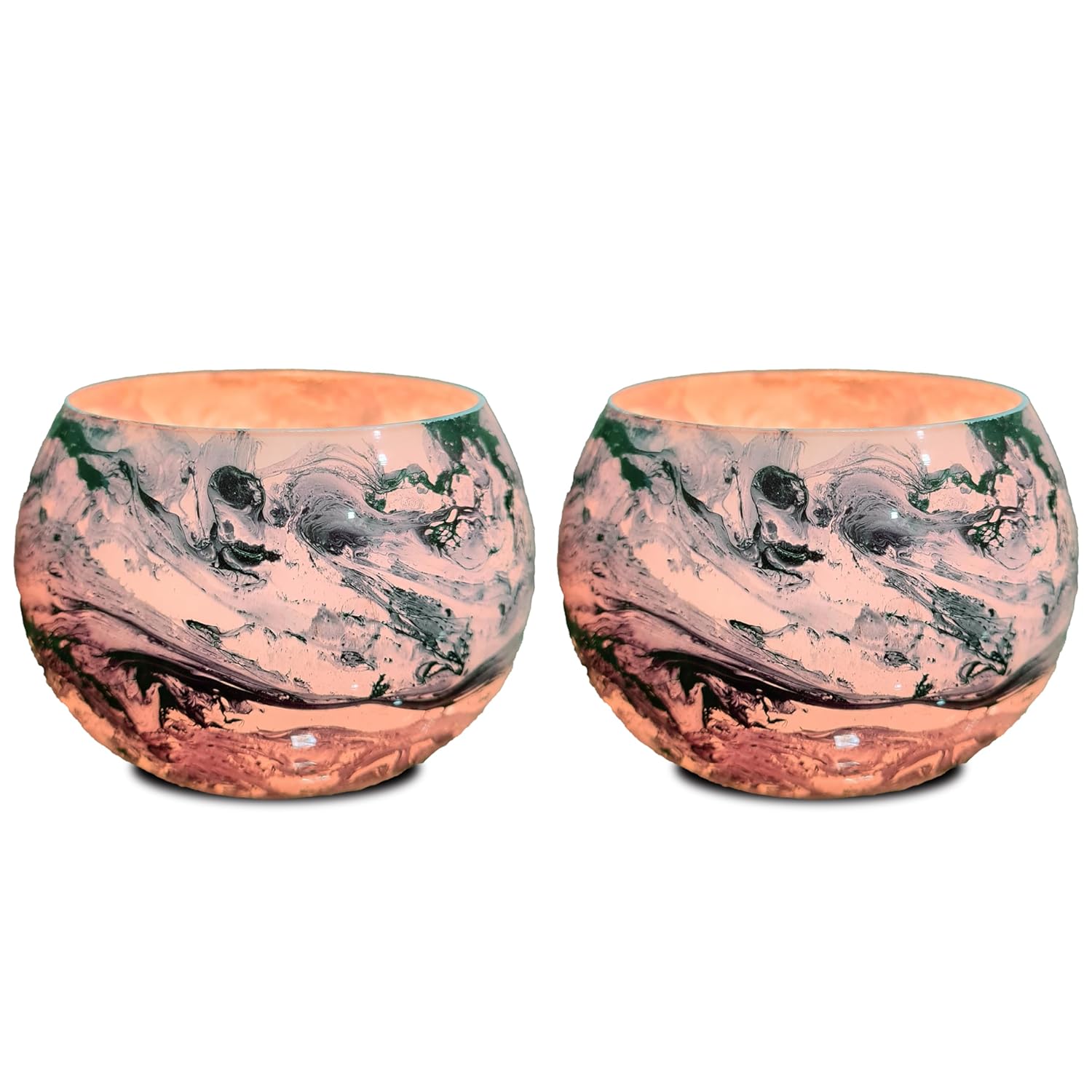 Two pink and green marble bowls on white background.