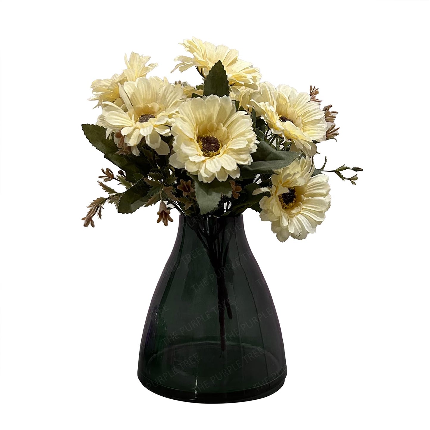 A vibrant bouquet of flowers arranged in a vase, sitting atop a polished table.