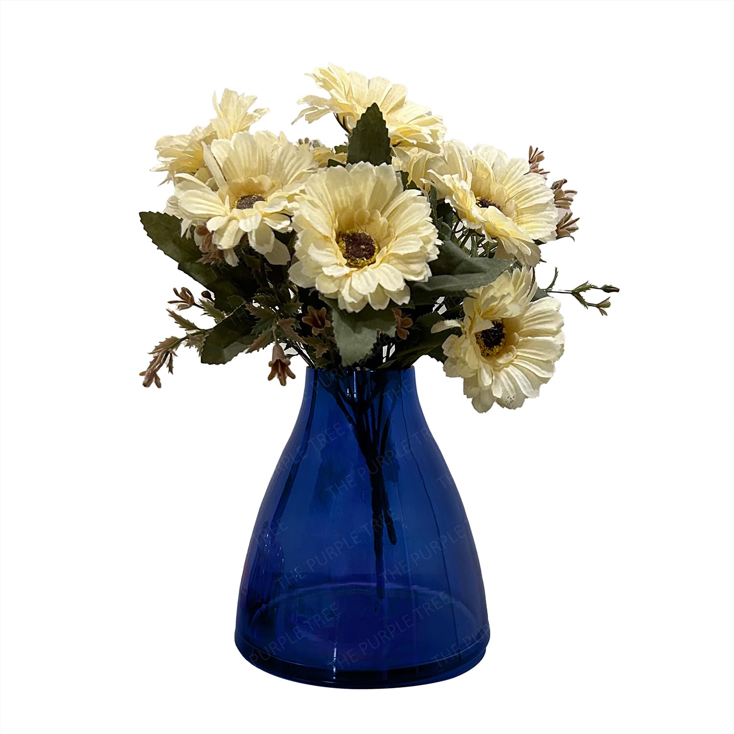 A vibrant blue vase containing an assortment of fresh flowers, showcasing a harmonious blend of colors.