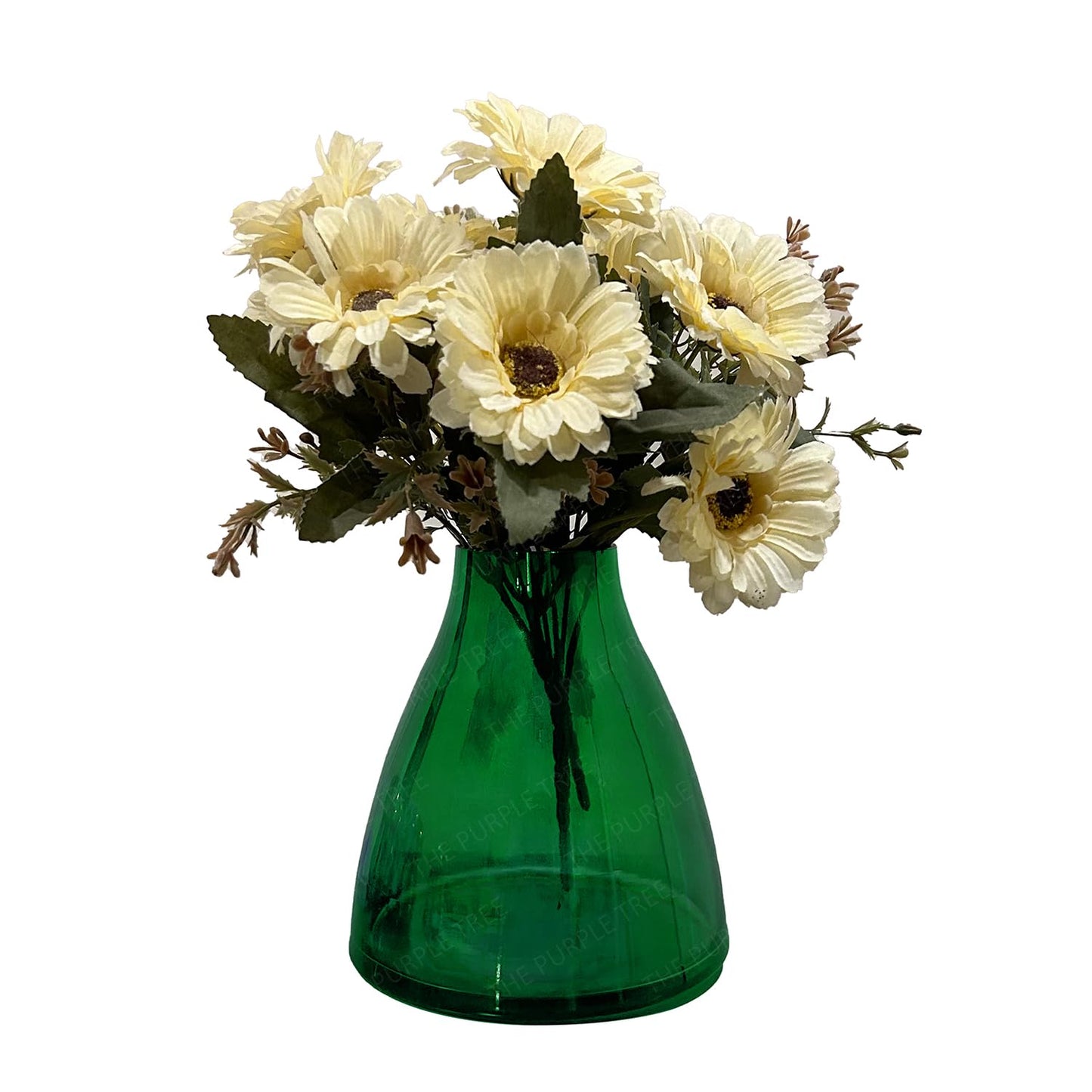 A green vase showcasing a beautiful assortment of flowers, adding a touch of nature to the setting.