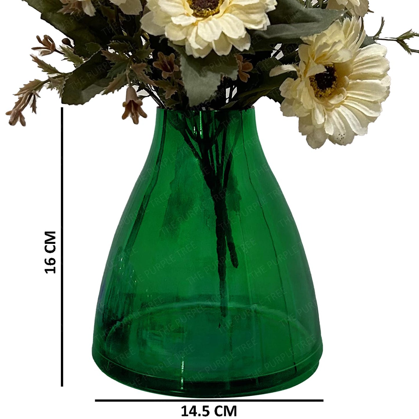 A green vase adorned with fresh flowers, creating a lively and cheerful atmosphere in the room.