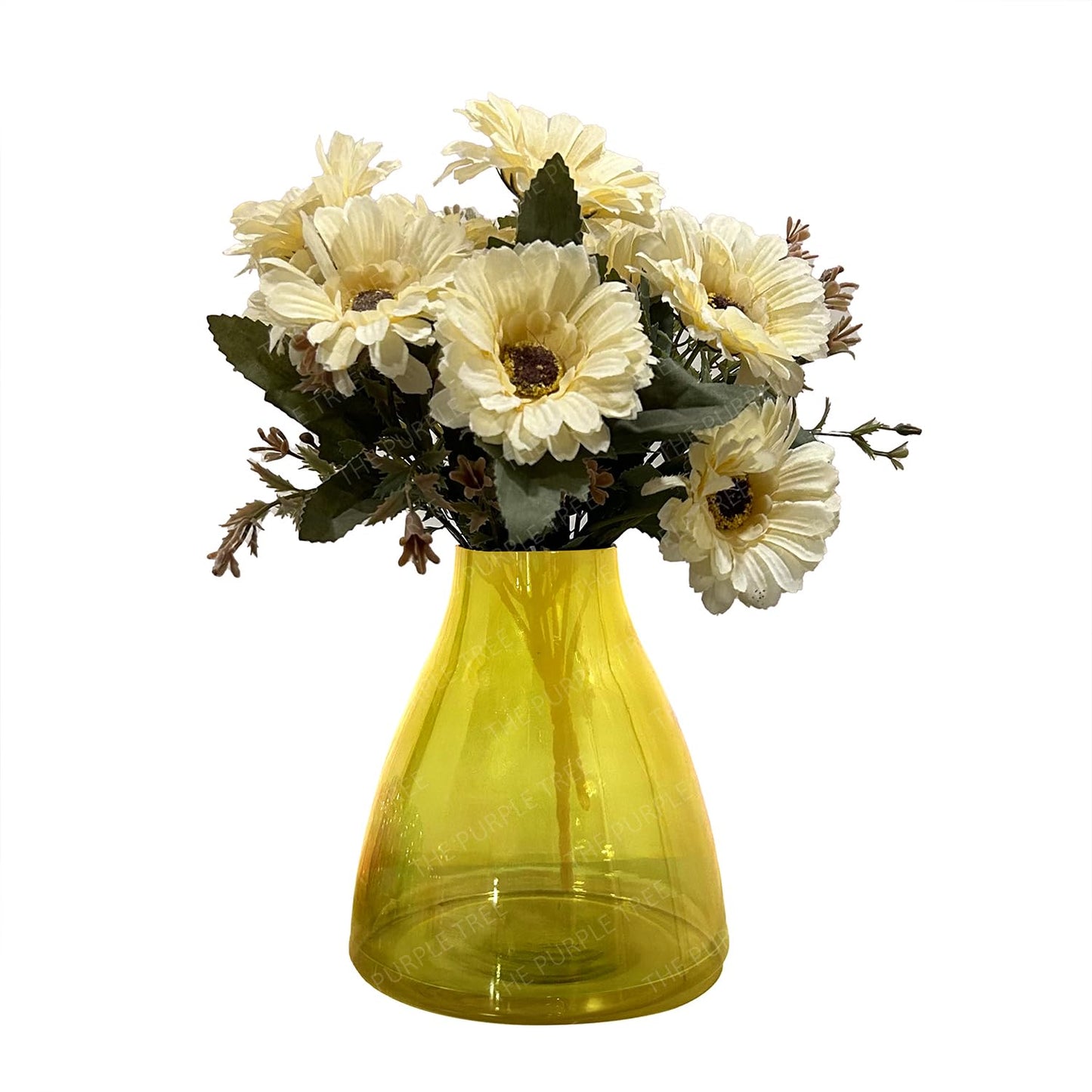 A vibrant yellow vase showcasing an arrangement of elegant white flowers, adding a touch of freshness to the setting.
