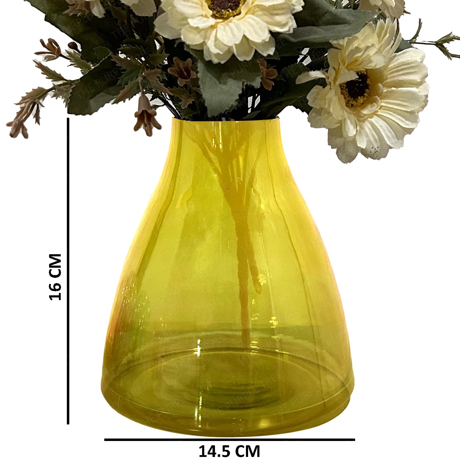 A cheerful yellow vase adorned with white flowers, enhancing the aesthetic appeal of the surrounding environment.