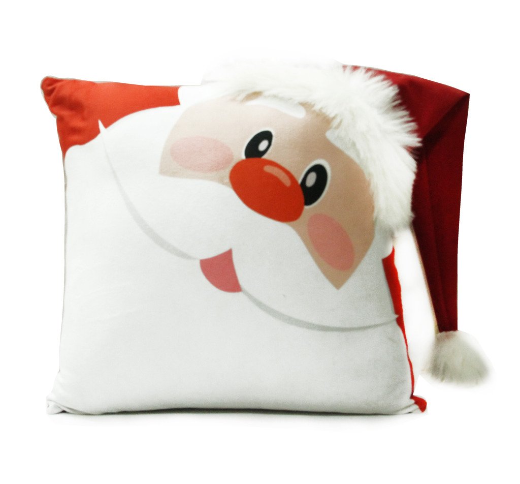 A festive pillow featuring the face of Santa Claus, perfect for adding holiday cheer to your home decor.